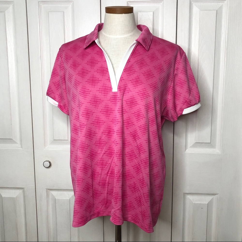 Izod Golf v-neck pink patterned polo, lightweight